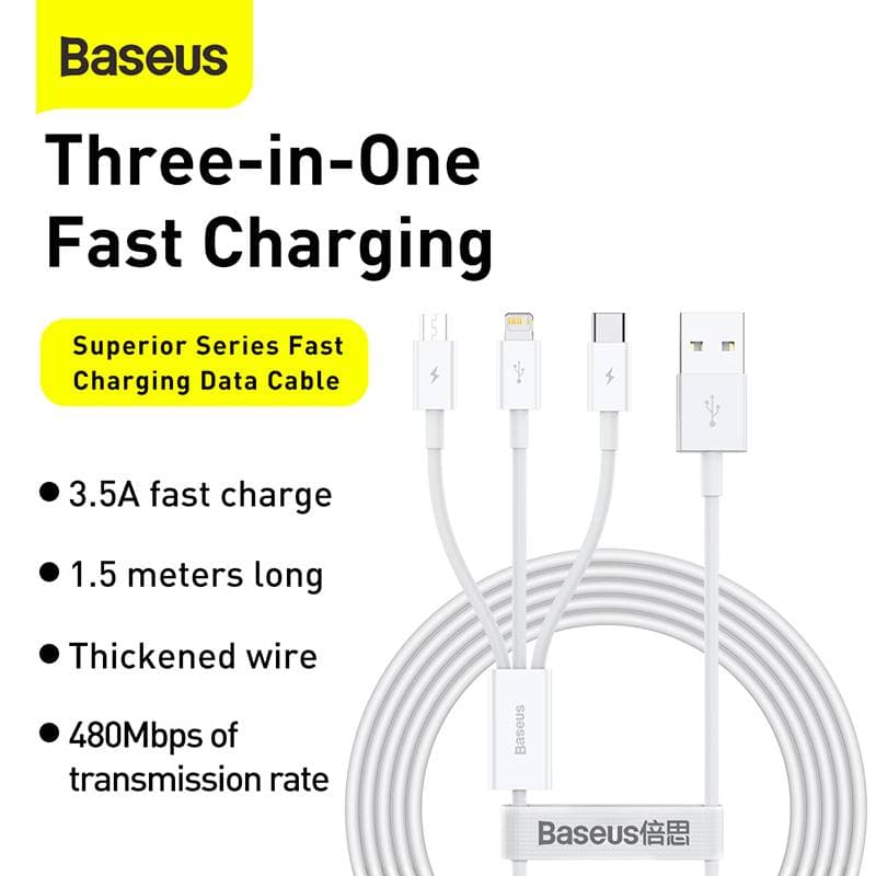 Baseus - Superior Serie - Schnellladekabel USB auf M+L+C, 3.5A 1.5m, Weiss (CAMLTYS-02) – 3