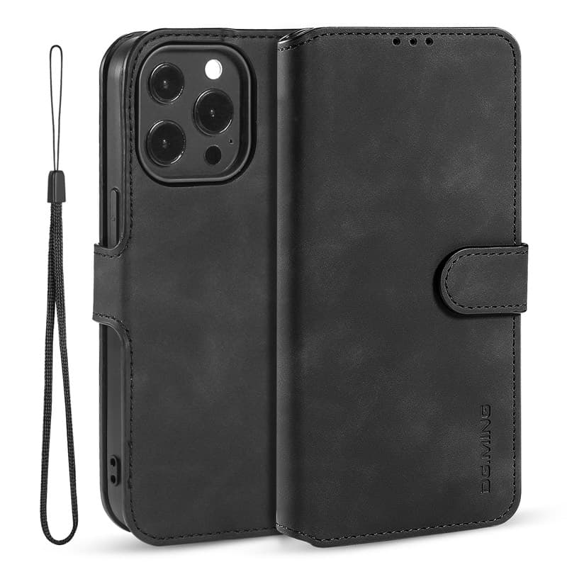 iPhone 12 Pro Max - DG.MING Étui à rabat vintage, 3 emplacements pour cartes, fermeture magnétique, noir – 2