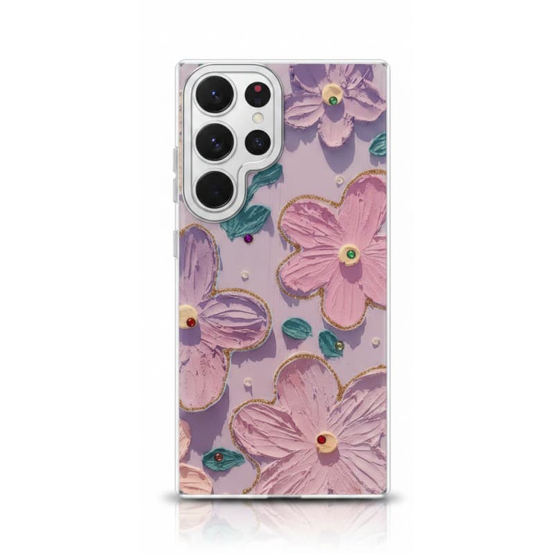 Samsung Galaxy S23U - blue flowers glossy case with chrome surface