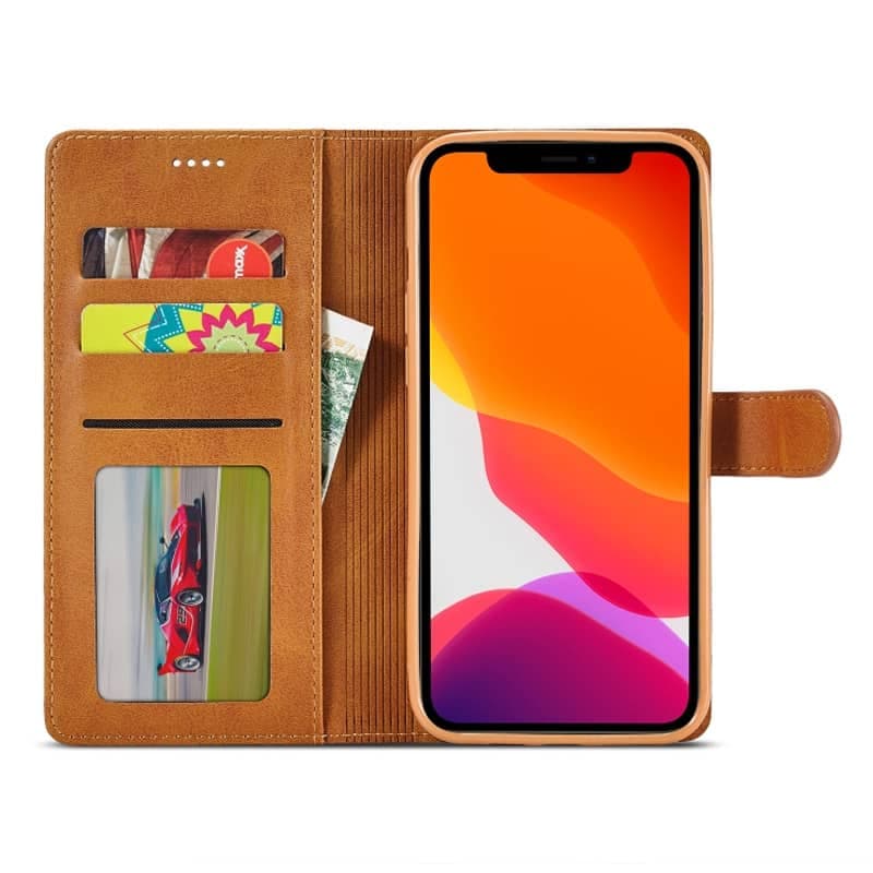 iPhone 11 - LC.IMEEKE Wallet Etui mit 3 Kartenfächern & Magnetverschluss, hellbraun/orange – 4