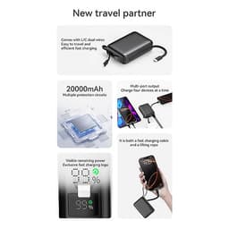 Recci - RPB-P63 20000mAh Powerbank, mit 22.5W integriertem USB Type-C Kabel, silber – Bild 6