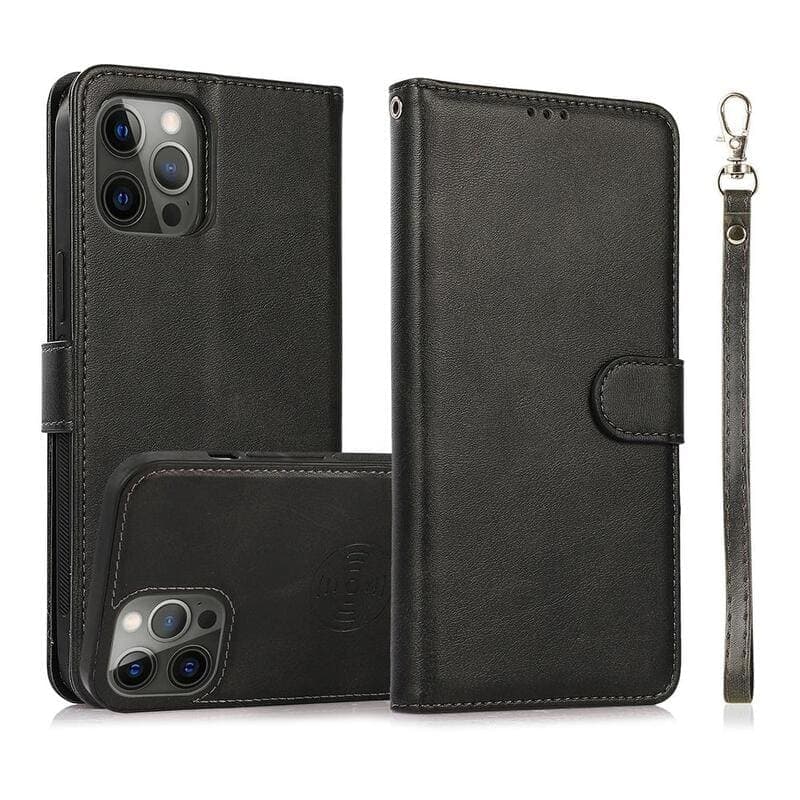 iPhone 13 Mini - Étui à rabat magnétique 2en1 avec emplacements pour cartes & dragonne, noir