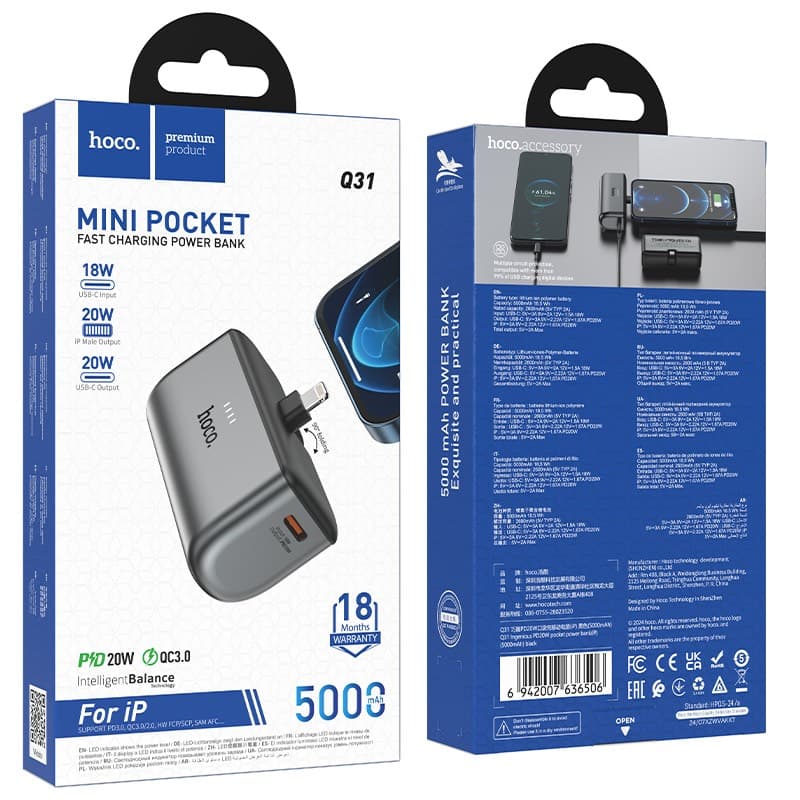 Hoco - Q31 Ingenious PD20W Powerbank, 5000mAh, connettore Lightning, portatile, nero – 4