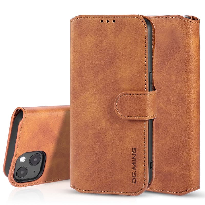 iPhone 13 Mini - DG.MING Etui à rabat vintage, 3 emplacements pour cartes, fermeture magnétique, brun chameau – 3