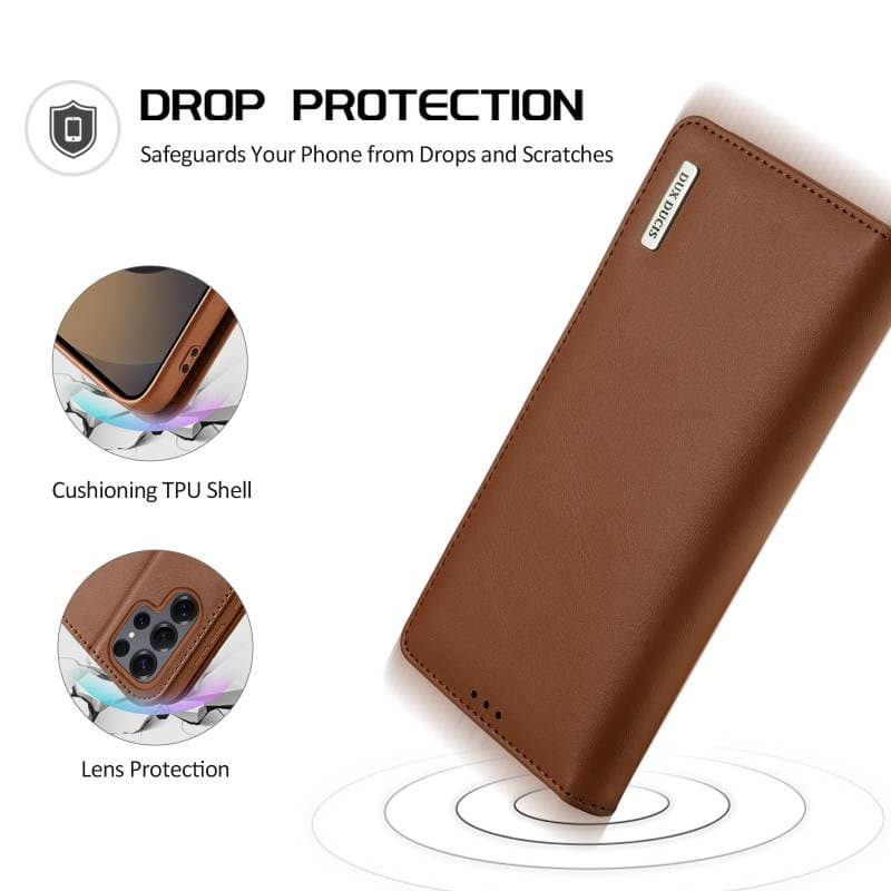 Custodia Flip per Samsung Galaxy S25 Edge- DUX Hivo Series, marrone, ecopelle – 4
