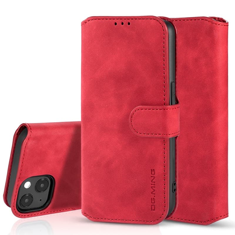 iPhone 13 Mini - DG.MING Vintage Flip Case avec 3 compartiments pour cartes et fermeture magnétique, aspect cuir, housse de protection, rouge – 3