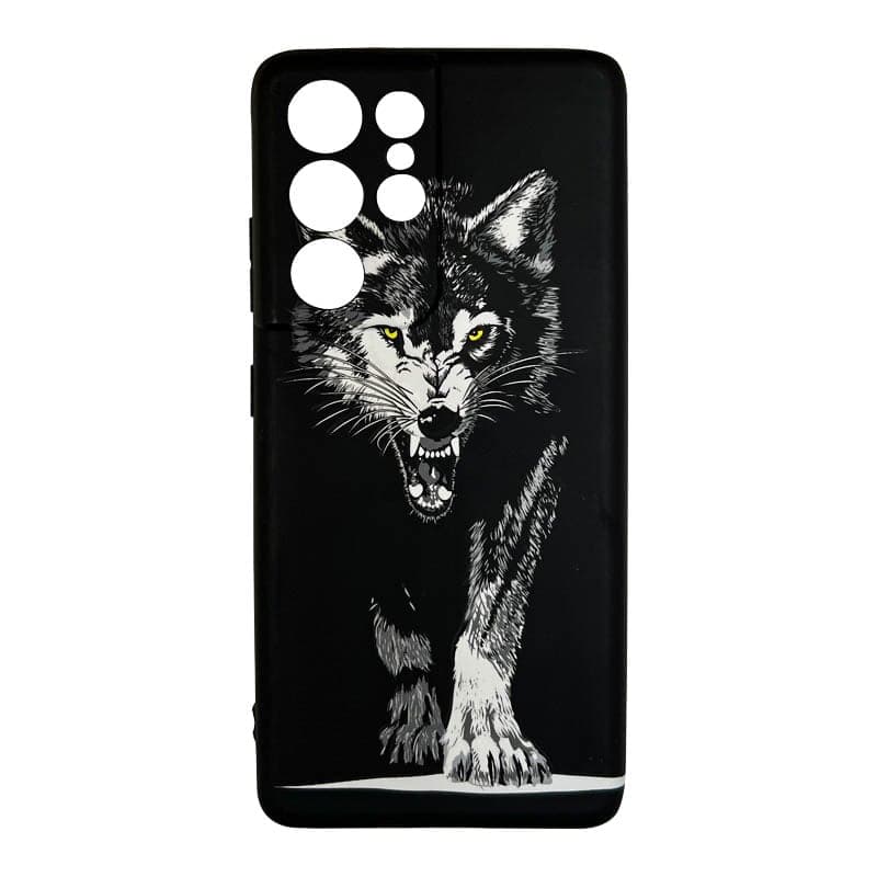 Samsung Galaxy S21 Ultra - Luxo Backcase Black Wolf mit gelben Augen & Angriffspose, Schwarz