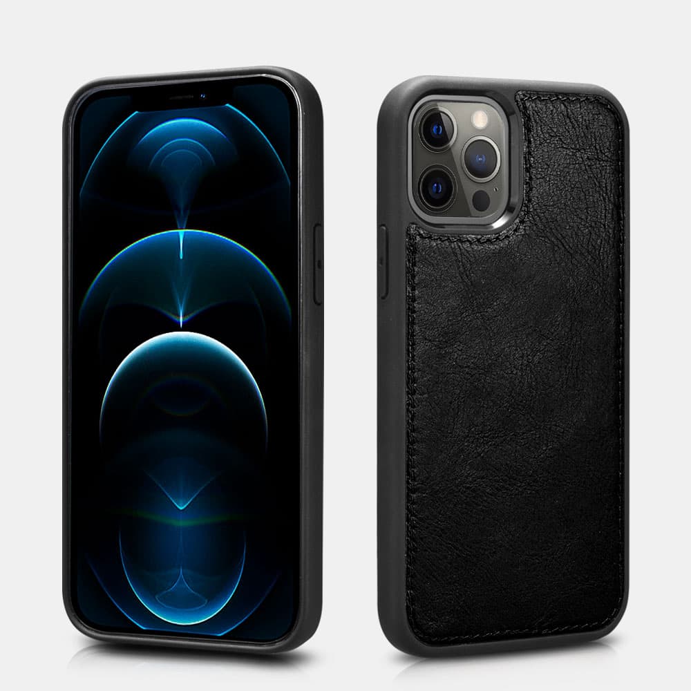 iPhone 12 Pro Max - iCarer Crazy Horse Etui portefeuille en cuir véritable, 2en1 avec protection RFID, noir – 2