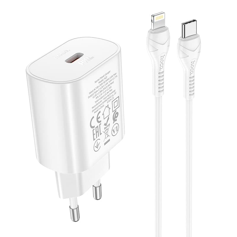 Hoco - PD25W charger set with Lightning-to-Type-C cable, compatible with iPhone, white
