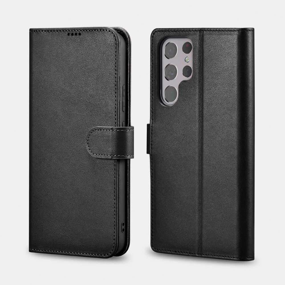 iCarer Samsung S22 Ultra Echt leather Flip Buch Case Schwarz