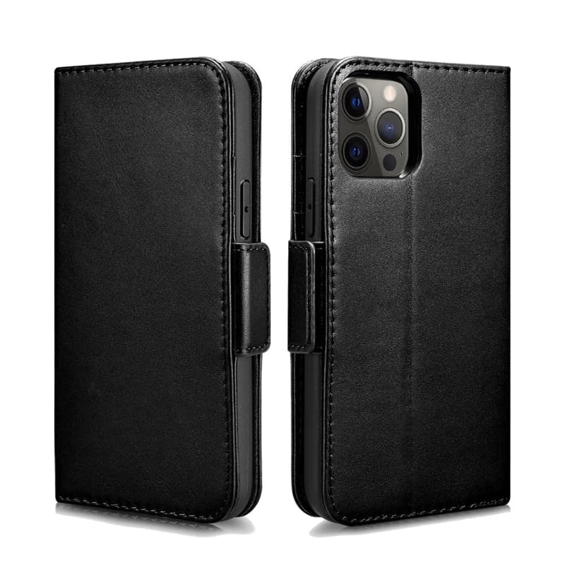 iPhone 12 Pro Max - iCarer WMI1214 Etui portefeuille en cuir véritable 2 en 1 avec bloqueur RFID, noir