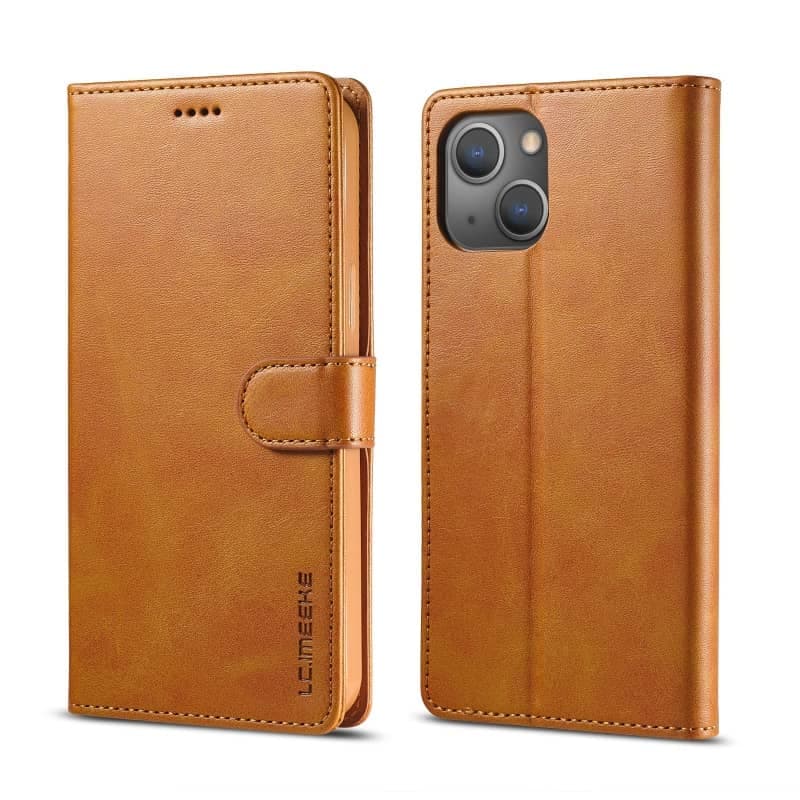 iPhone 12 Mini - LC.IMEEKE Etui portefeuille avec 2 compartiments pour cartes & fermeture magnétique, marron clair/orange