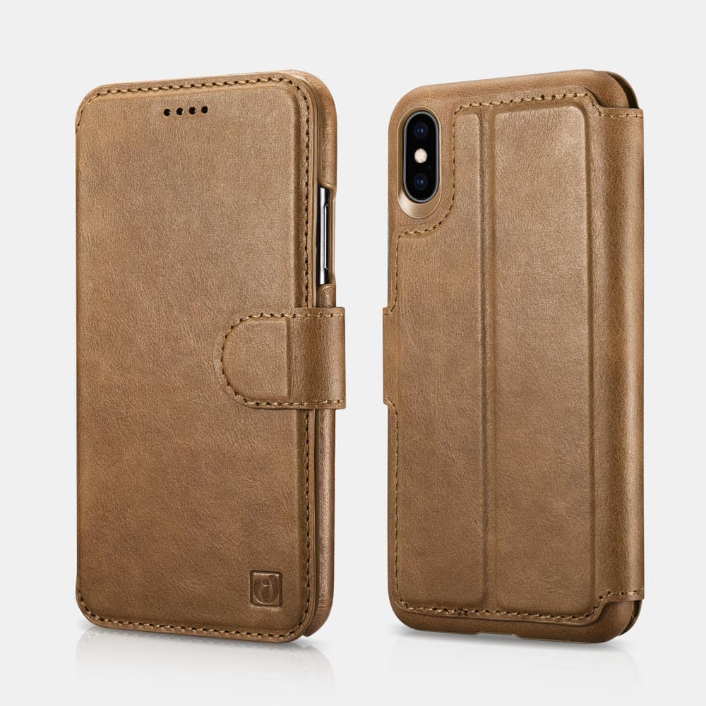 iPhone Xs Max - Custodia flip wallet in vera pelle iCarer - rimovibile - 2 in 1, marrone (RIXS07-BN)