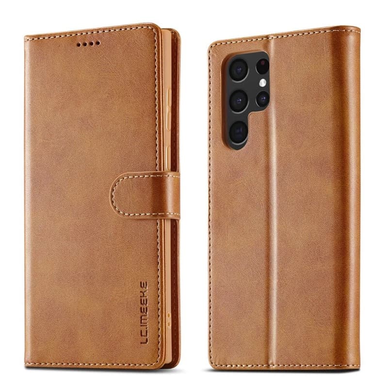 Samsung Galaxy S26 Ultra - LC.IMEEKE Custodia a portafoglio con 3 scomparti per carte e chiusura magnetica, marrone chiaro/arancione