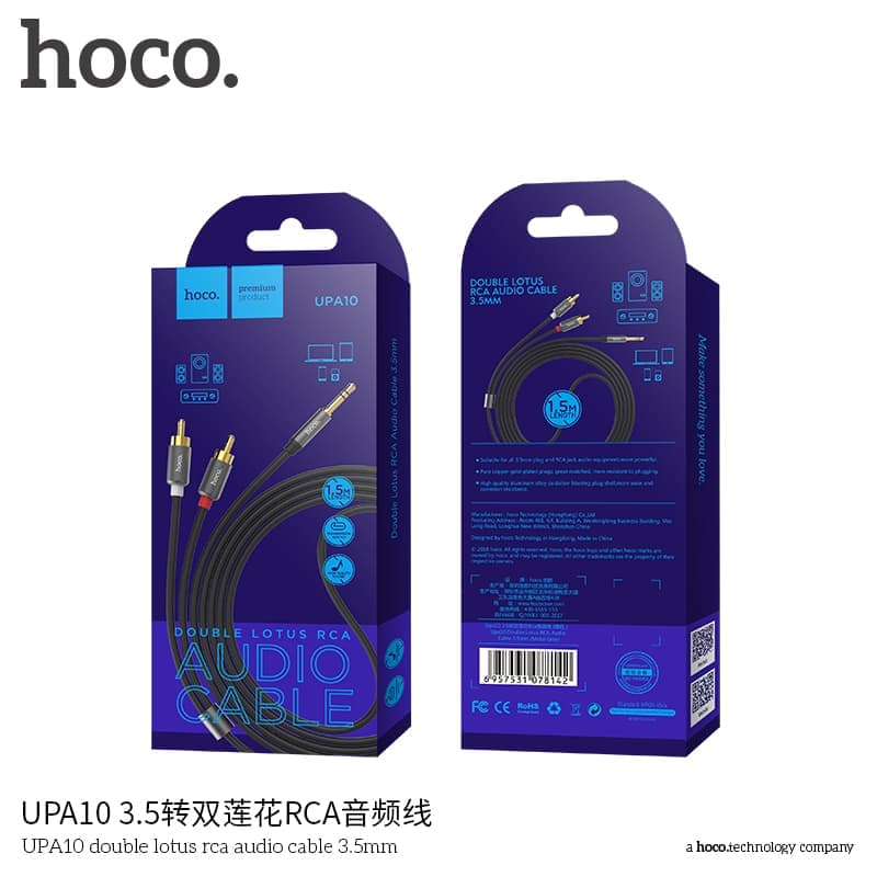 Hoco - Double Lotus Rca Audio Cable 3.5MM 1.5M (UPA10), Schwarz – 3