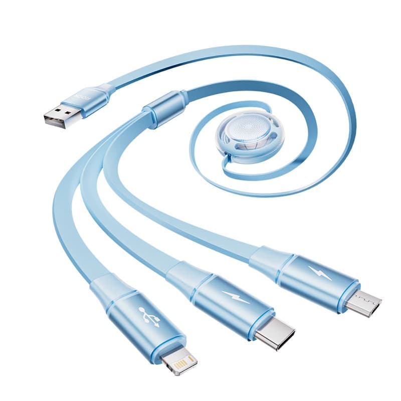 3 in 1 Datenkabel - Rock Honeycomb Series, Micro-USB, USB-C, Lightning, hellblau, einziehbar, 110cm