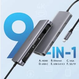 Ugreen - Hub USB-C 9-en-1 avec HDMI, VGA, LAN, SD/TF & PD (CM179 / 40873), gris – Bild 8