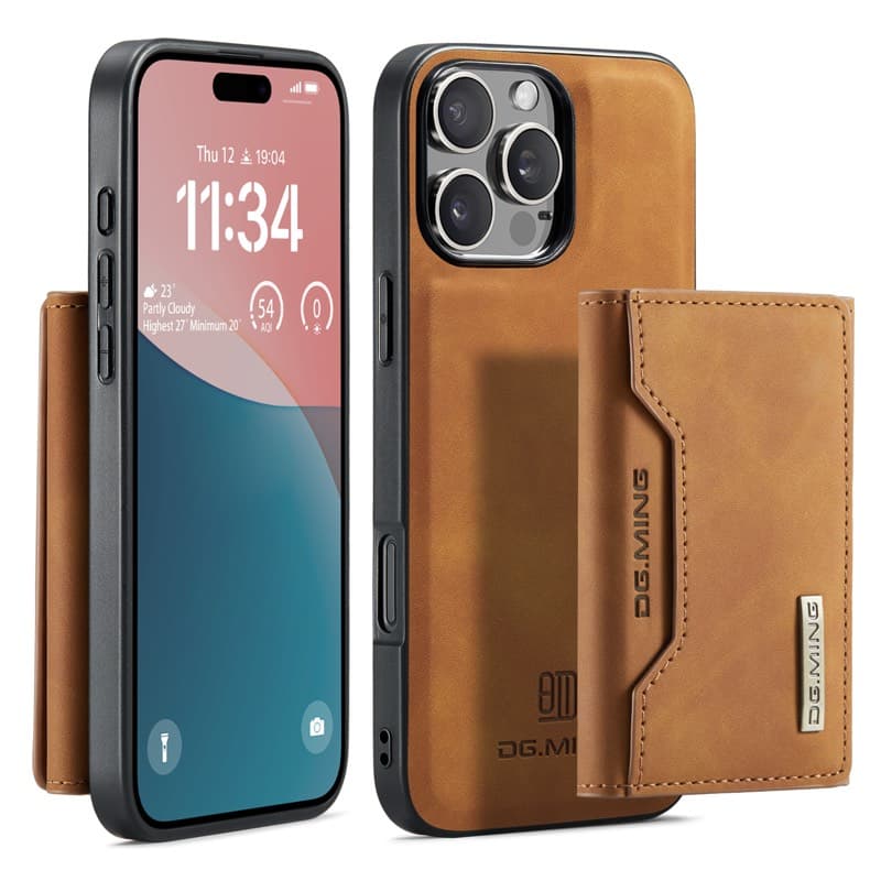 iPhone 13 Pro Max - DG.MING Etui, Leder-Optik, Kartenfach & Magnetverschluss, Kamelbraun – 3