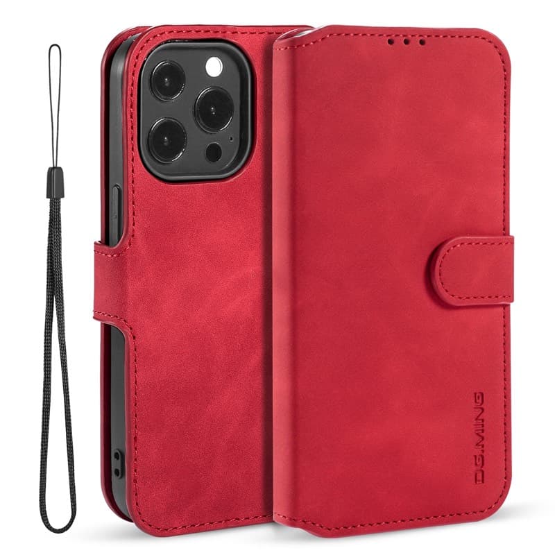 iPhone 13 Pro - DG.MING Custodia flip vintage con 3 slot per carte e chiusura magnetica, aspetto pelle, custodia protettiva, rosso – 2