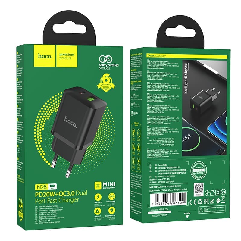 hoco N28 PD20W + QC3.0 Dual USB-C & USB-A Schwarz – 2