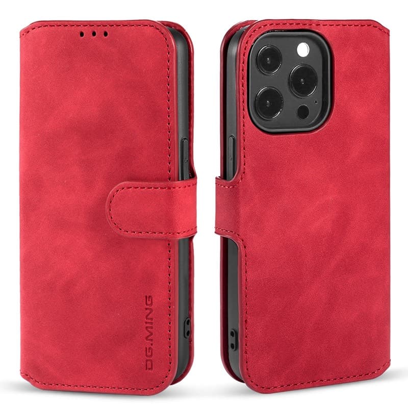 iPhone 13 Pro - DG.MING Custodia flip vintage con 3 slot per carte e chiusura magnetica, aspetto pelle, custodia protettiva, rosso