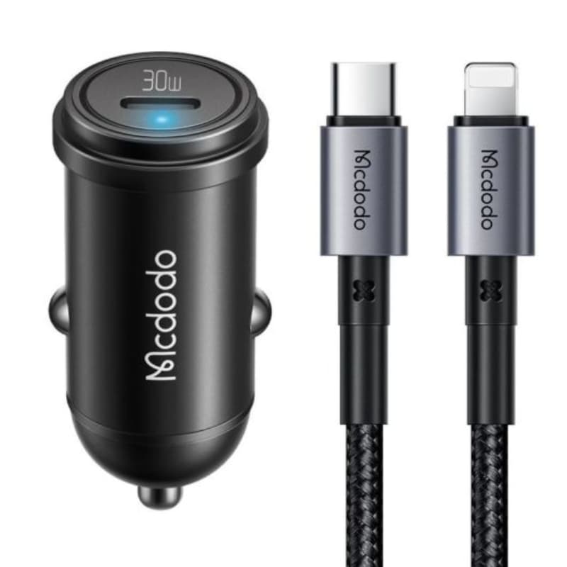 Mcdodo - 30W Fast Car Charger Kit - inkl. Lightning & USB-C 1.2m Kabel, schwarz