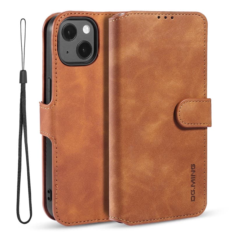 iPhone 13 Mini - DG.MING Etui à rabat vintage, 3 emplacements pour cartes, fermeture magnétique, brun chameau – 2