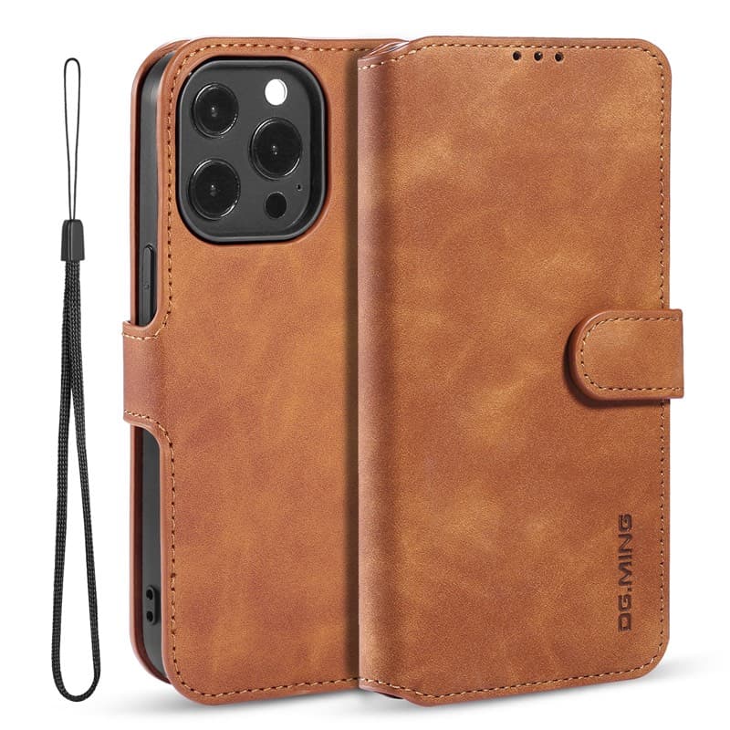 iPhone 14 Pro - DG.MING Vintage Flip Case, 3 Kartenfächer, Magnetverschluss, Leder-Optik, kamelbraun – 2