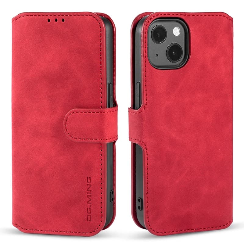 iPhone 13 Mini - DG.MING Vintage Flip Case avec 3 compartiments pour cartes et fermeture magnétique, aspect cuir, housse de protection, rouge