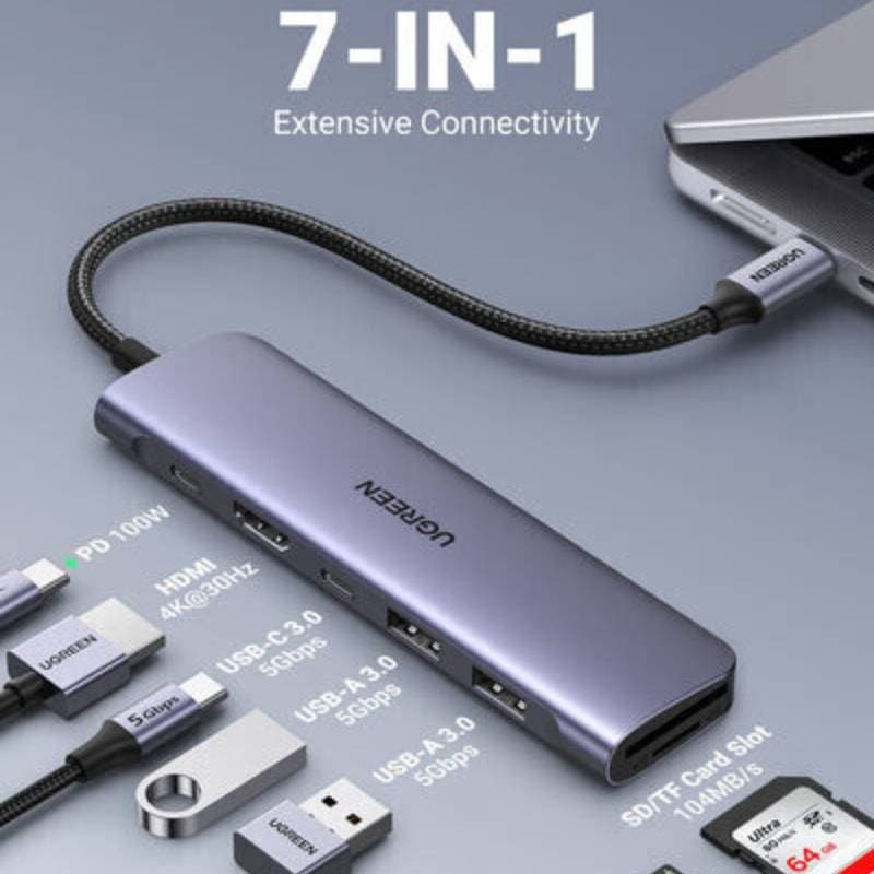 Ugreen - USB-C Hub 7-in-1 with HDMI, SD/TF & PD (CM195 / 15214), gray/black