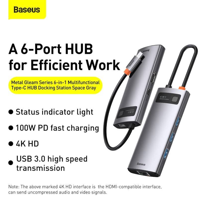 Baseus - Metal Gleam Series - 6-in-1 Multifunction Type-C HUB Docking Station, Gray (CAHUB-CW0G) – 4