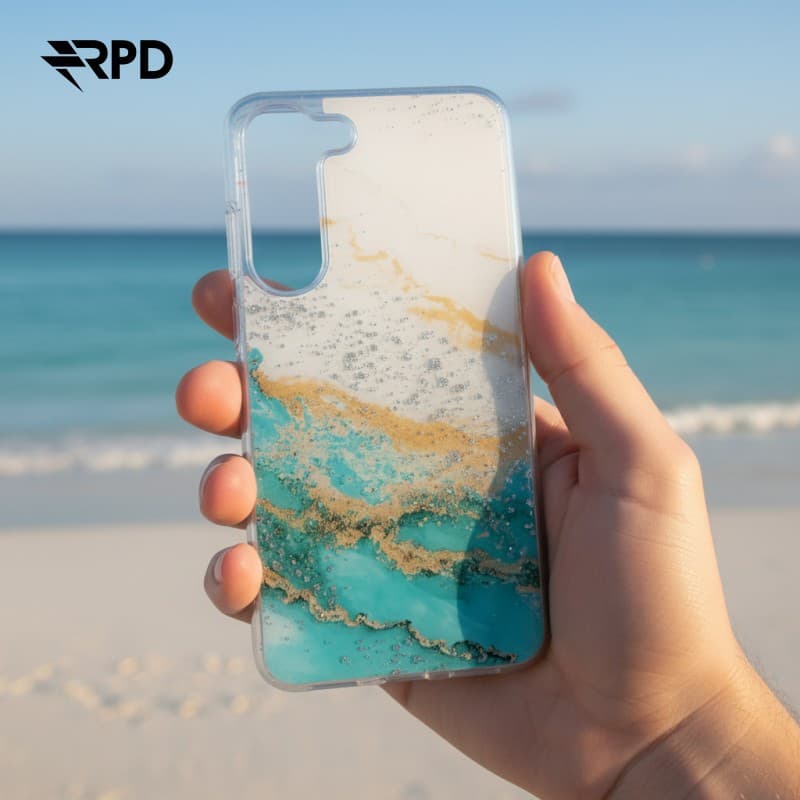 Samsung Galaxy S23 - custodia turchese con motivo a marmo dorato e accenti argentati. – 2