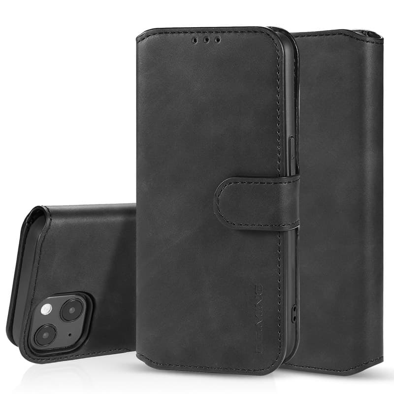 iPhone 13 - DG.MING Vintage Flip Case, 3 Kartenfächer, Magnetverschluss, Leder-Optik, schwarz – 3