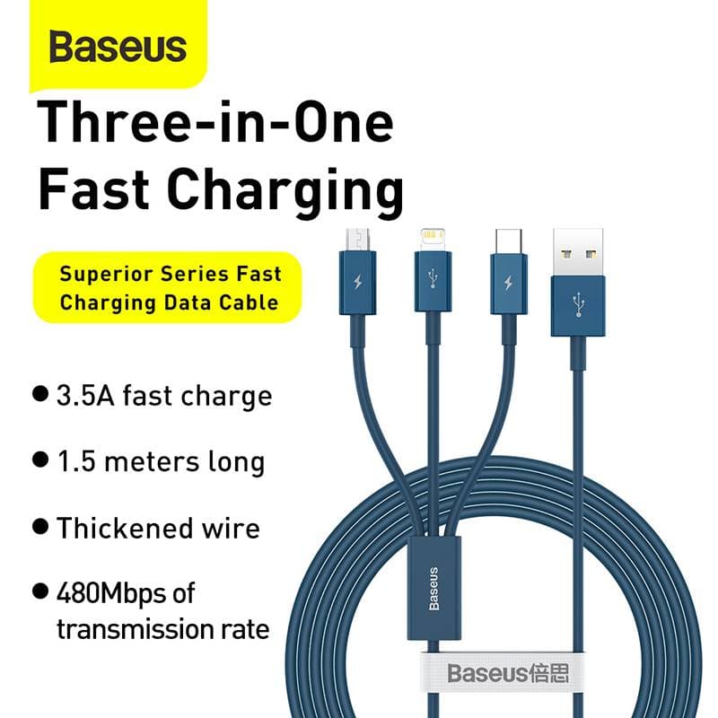 Baseus - Superior Serie - Schnellladekabel USB auf M+L+C, 3.5A 1.5m, Blau (CAMLTYS-03) – 3