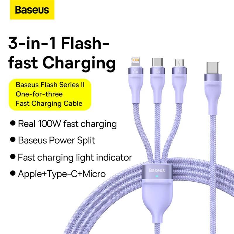 Baseus Flash Serie Ⅱ 3-in-1 Schnellladekabel Typ-C zu M+L+C 100W 1.5m lila (CASS030205) – 4