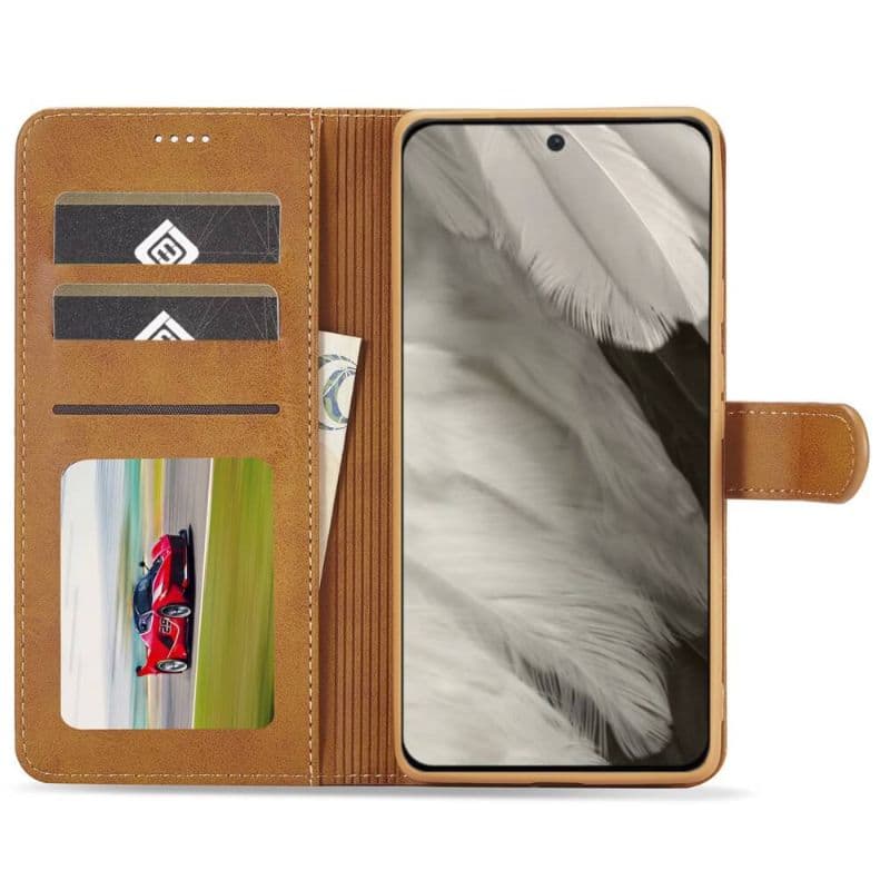 Google Pixel 8 - LC.IMEEKE Custodia a portafoglio con 3 scomparti per carte e chiusura magnetica, marrone chiaro/arancio – 2