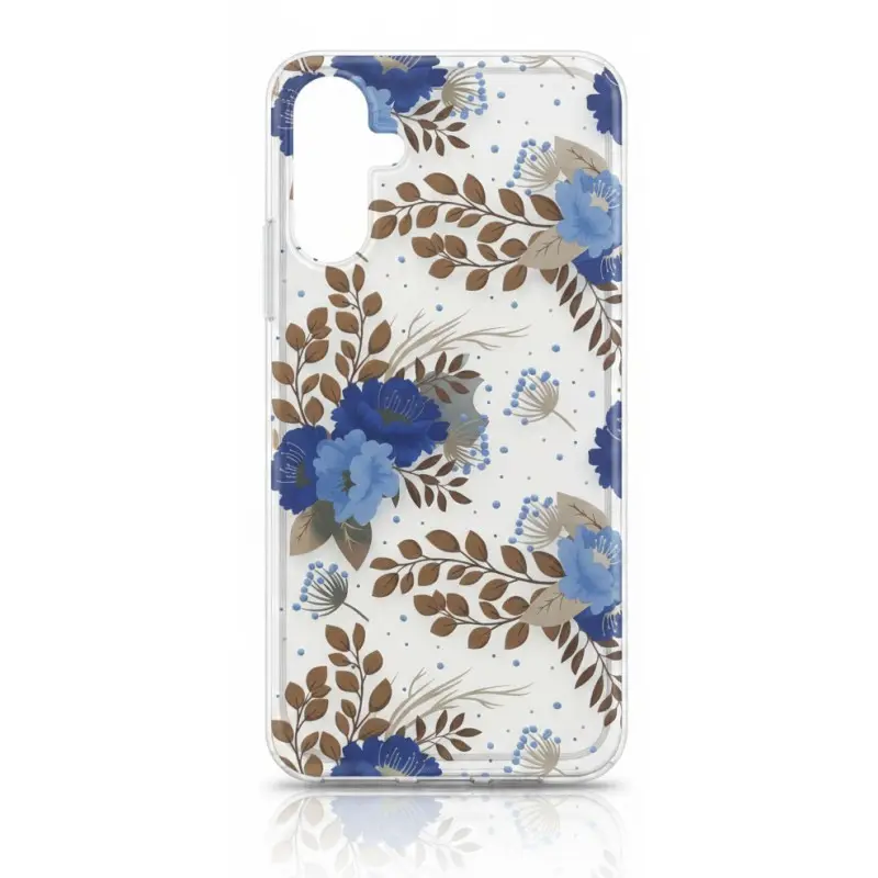 A35 - Housse florale avec détails dorés et fleurs bleues.