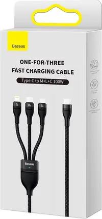 Baseus Flash Series Ⅱ One-for-three Fast Charging Cable USB to M+L+C 100W 1.5m schwarz (CASS030001) – Bild 8
