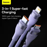 Baseus Flash Series Ⅱ One-for-three Fast Charging Cable USB to M+L+C 100W 1.5m Violett (CASS030005) – Bild 2