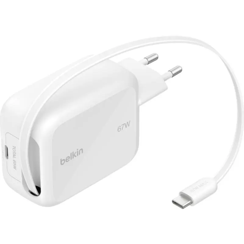 Belkin - BoostCharge chargeur GaN, 67W, avec câble USB-C rétractable, Blanc