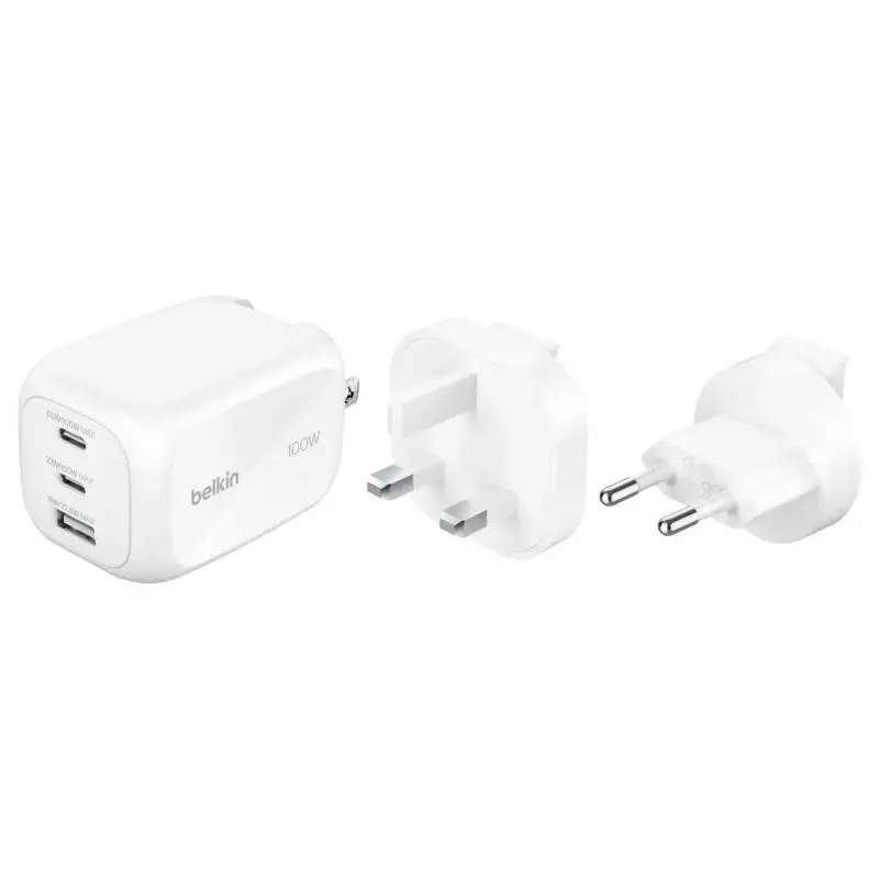 Belkin - BoostCharge Pro GaN charger, 100W, 3 ports, with travel adapter, White