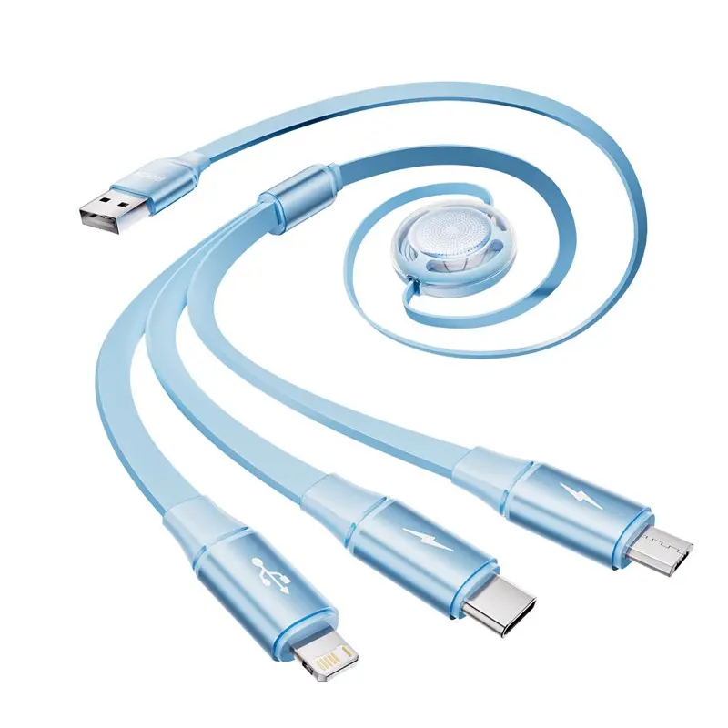 Câble de données 3 en 1 - Rock Honeycomb Series, Micro-USB, USB-C, Lightning, bleu clair, rétractable, 110cm