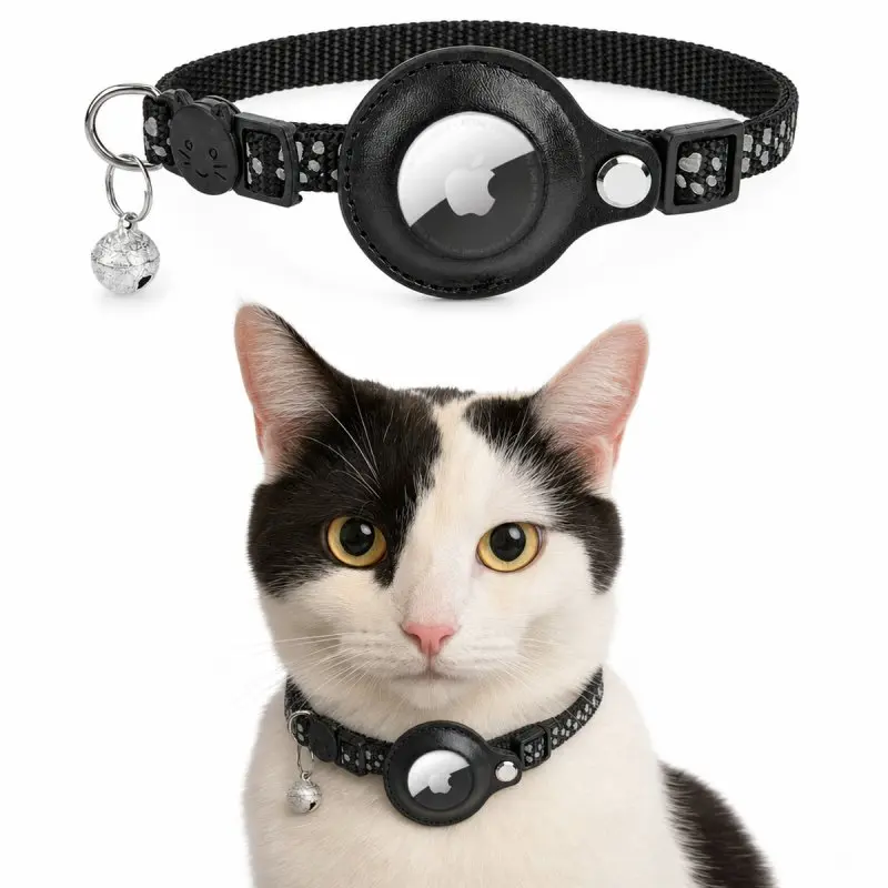 Collier pour chat AirTag - RPD Collier en nylon réfléchissant avec boucle de sécurité et clochette, Noir