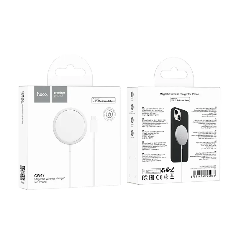 Hoco - CW47 Caricatore rapido magnetico senza fili della serie Original 15W / Magsafe bianco