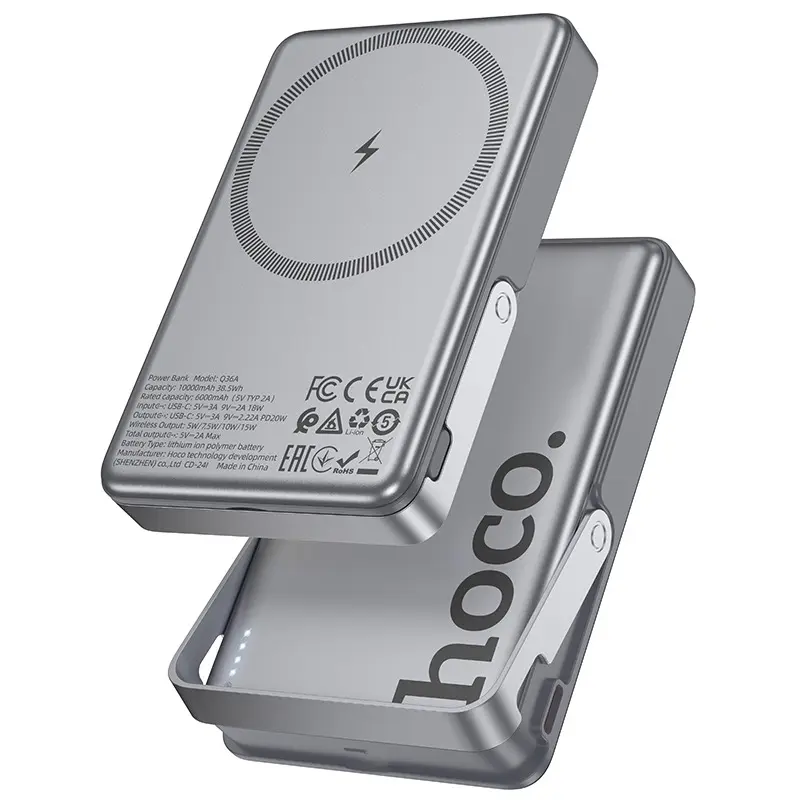 Hoco - Q36A Sunlight PD20W banque de puissance à aspiration magnétique + support, 10000mAh, gris foncé