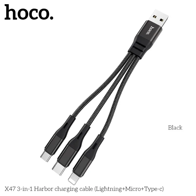 Hoco X47 Câble de recharge Harbor 3 en 1 (Lightning/Micro-USB/USB-C), 25 cm, noir