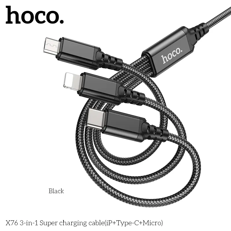 Hoco X76 3-in-1 Super charging cable(iP+Type-C+Micro), schwarz