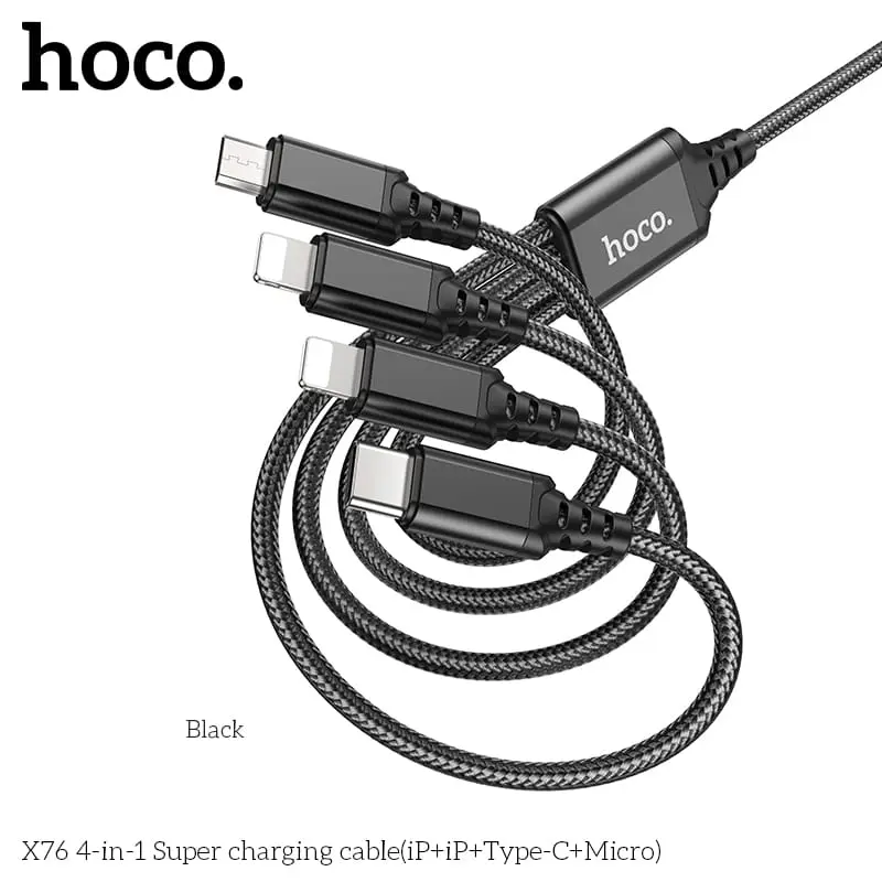 Hoco X76 4-in-1 Super charging cable(iP+iP+Type-C+Micro), schwarz