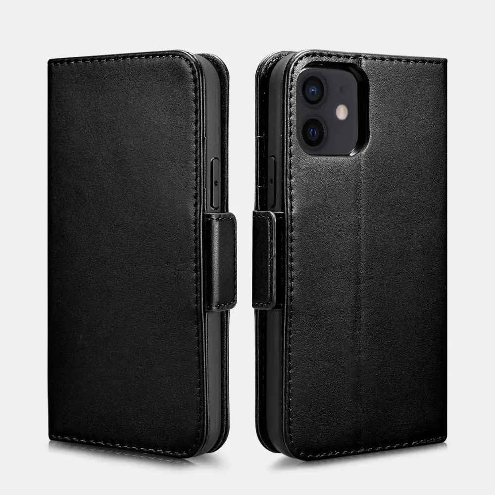 iCarer iPhone 12/12 Pro Haixing Series – wallet case vera pelle nera 2-in-1
