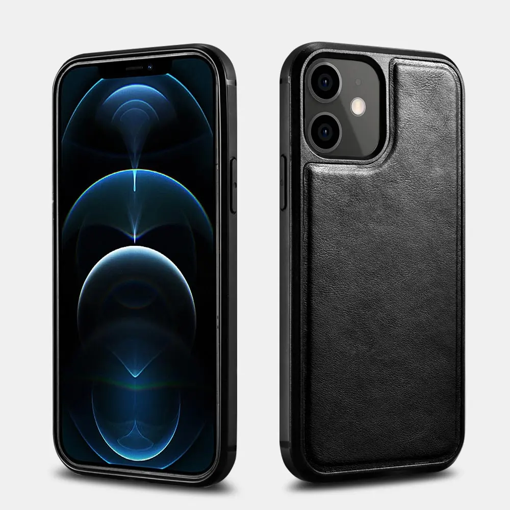 iCarer iPhone 12&12 Pro Oil Wax Real Leather Black Back Cover